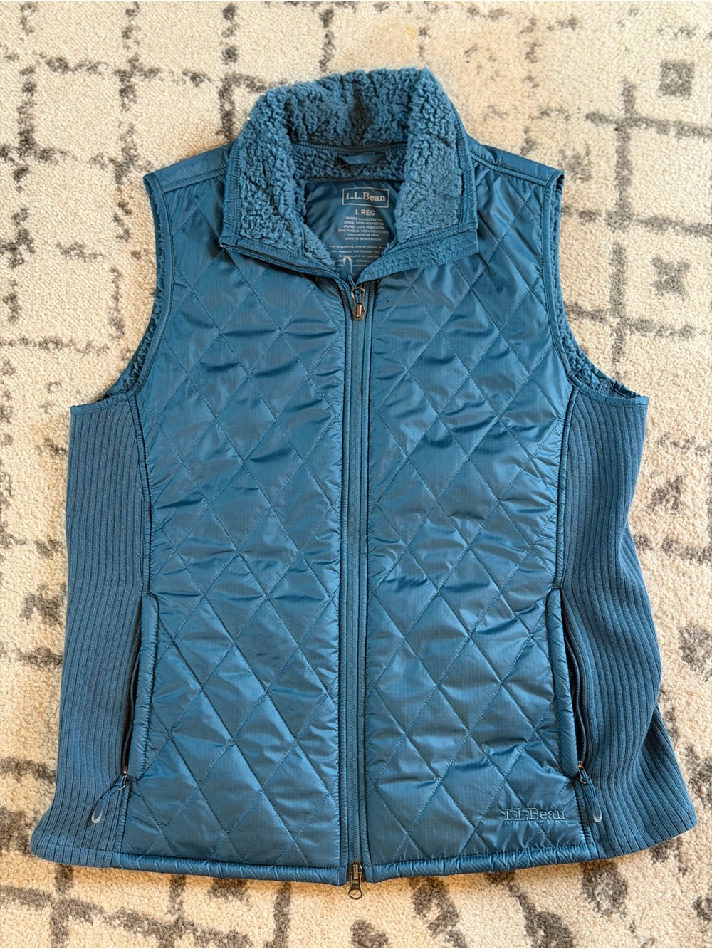 LL Bean Womens Large Quilted Vest Sherpa Collar Blue Rib Knit Sides Full Zip